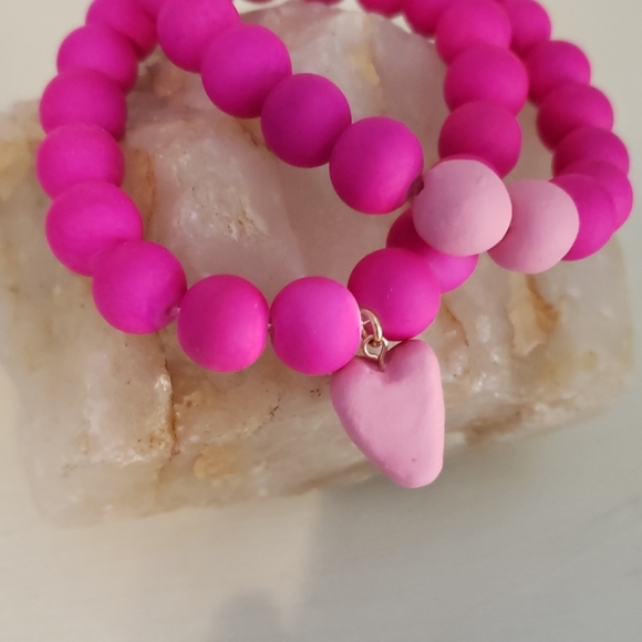 Heart duo bead bracelet set, pink - Picture 2 of 3